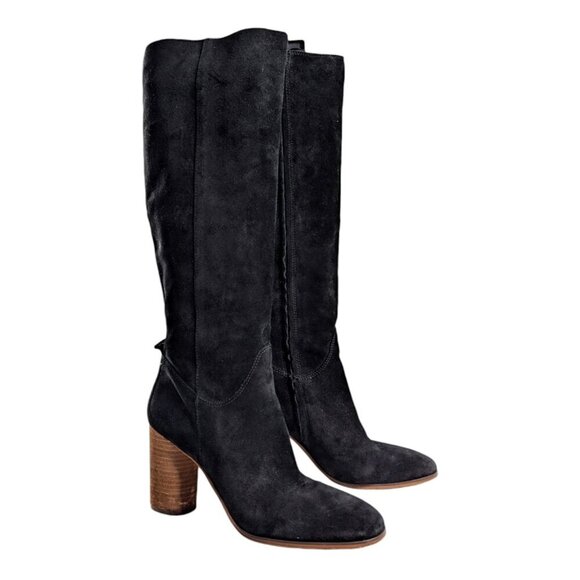 Sam Edelman Black Suede Tall Side Zip Chunky Heel Block Heel Camellia Boots - Picture 1 of 9